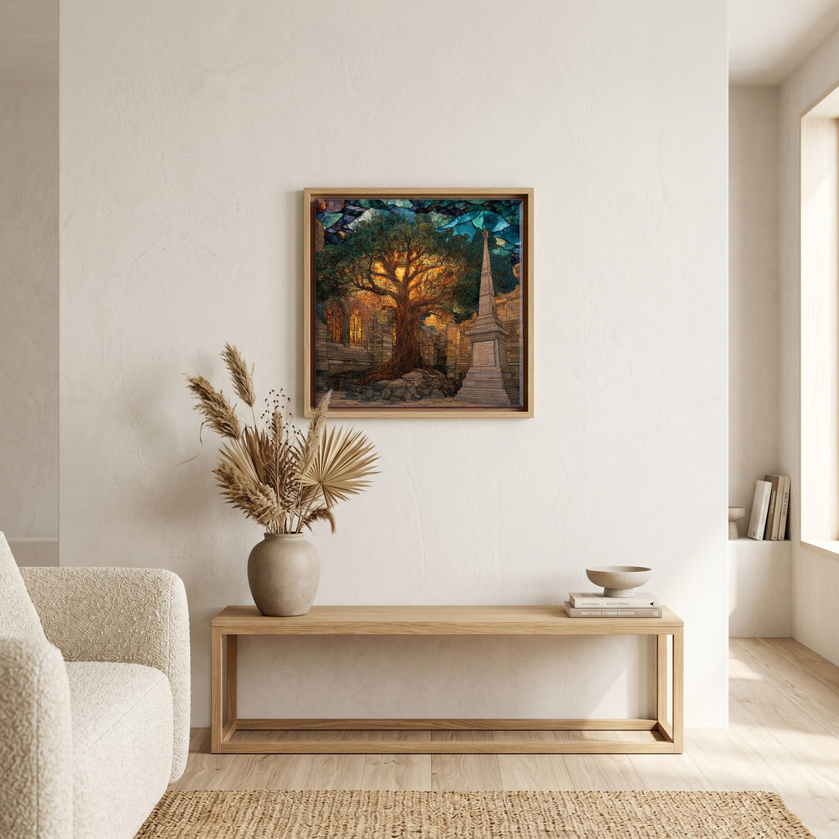 In the living room, above the sofa.
