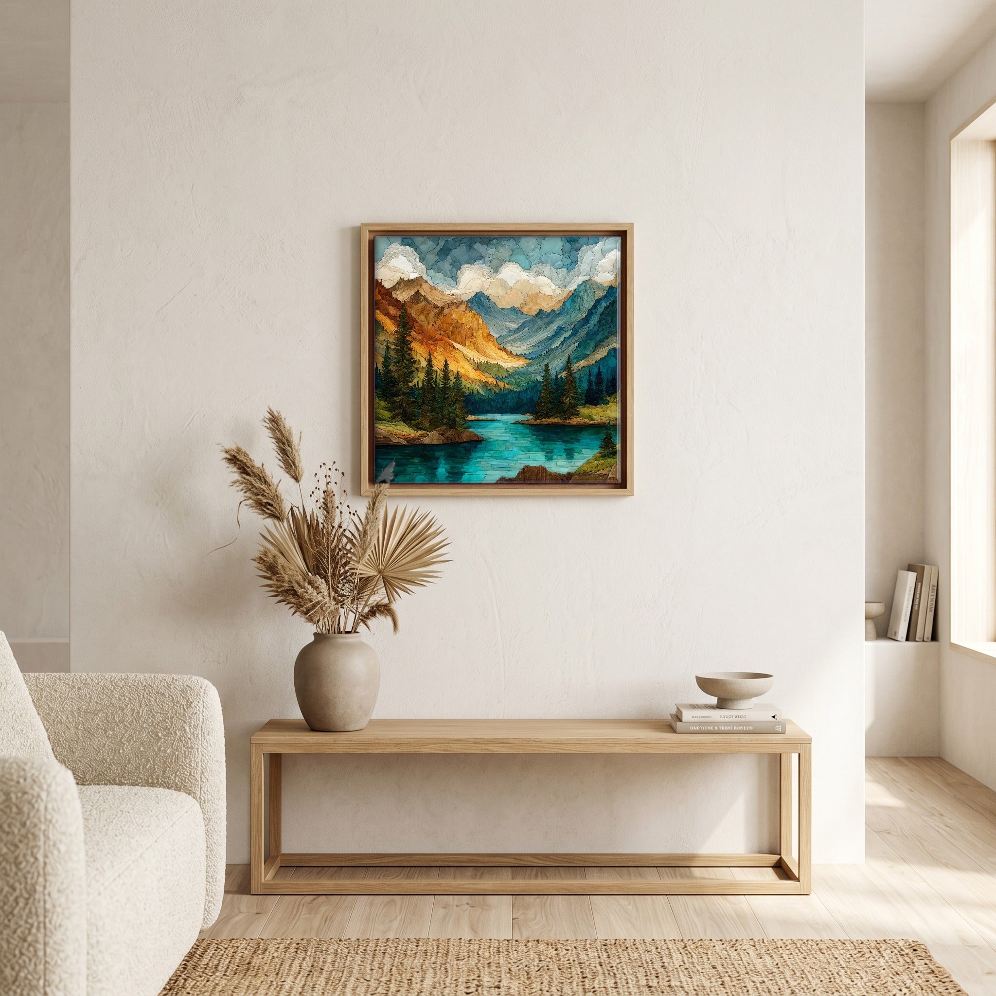 In the living room, above the sofa.
