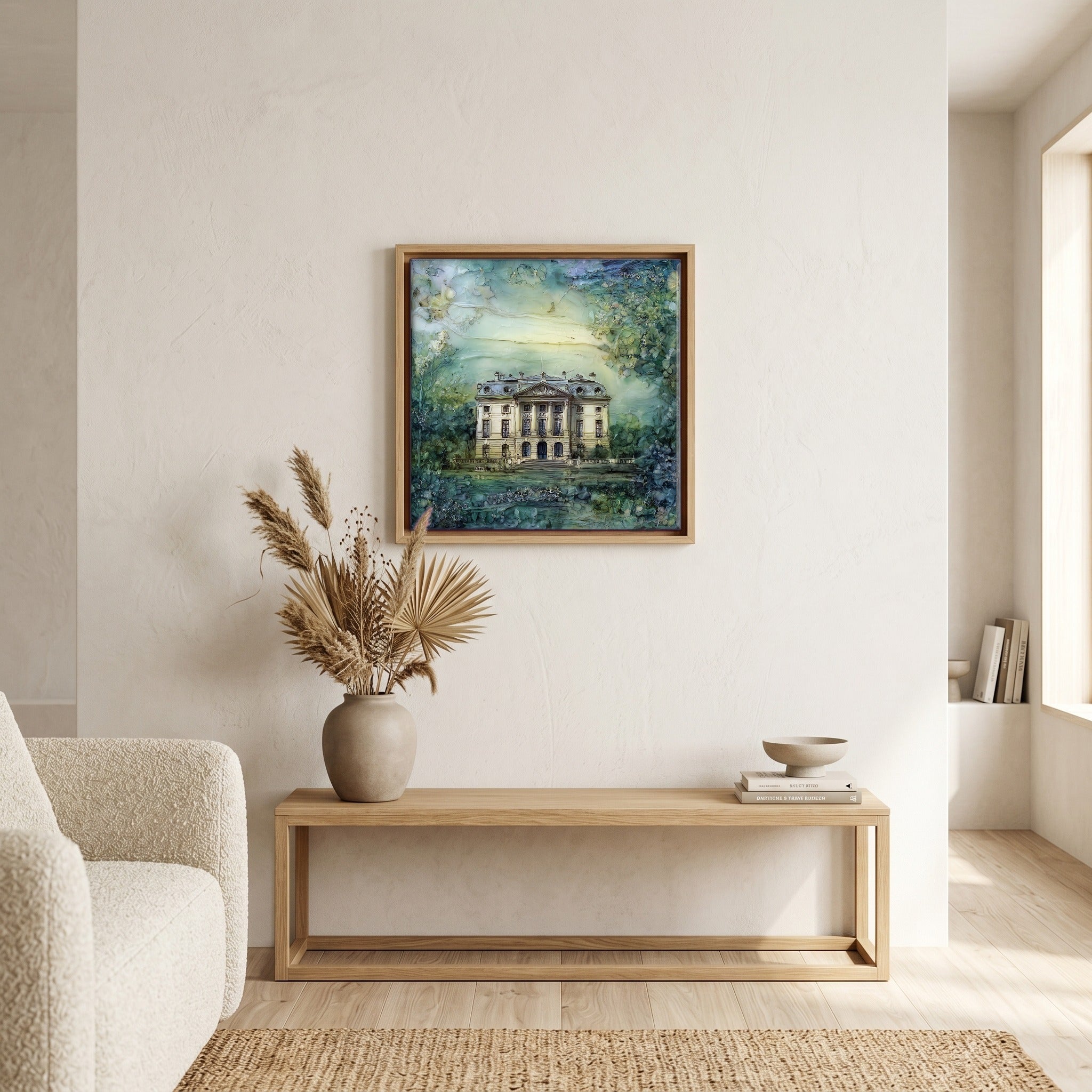 Above the bench, in a warm oak surround.
