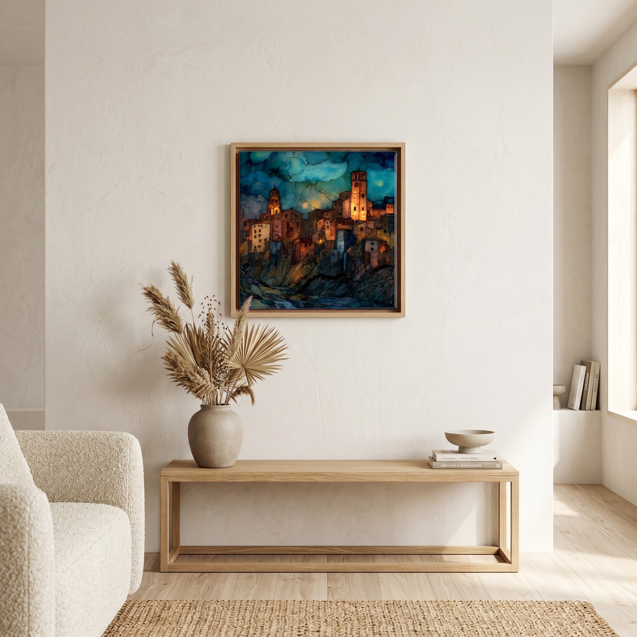 In the living room, above the sofa.