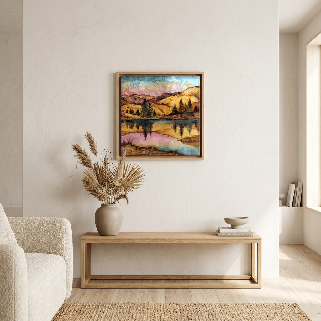 In the living room, above the sofa.