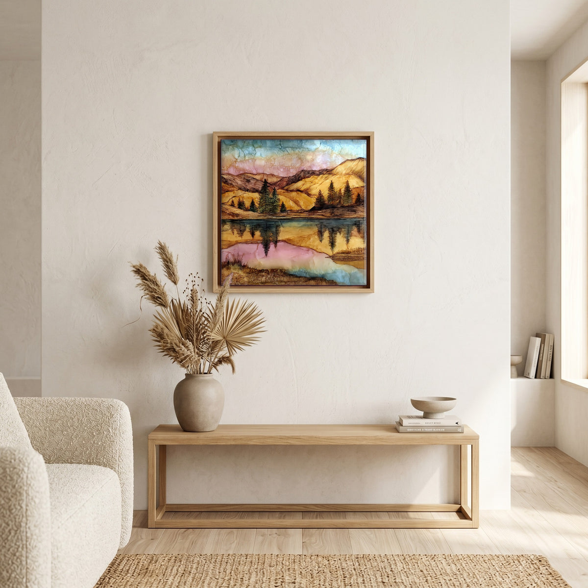 In the living room, above the sofa.