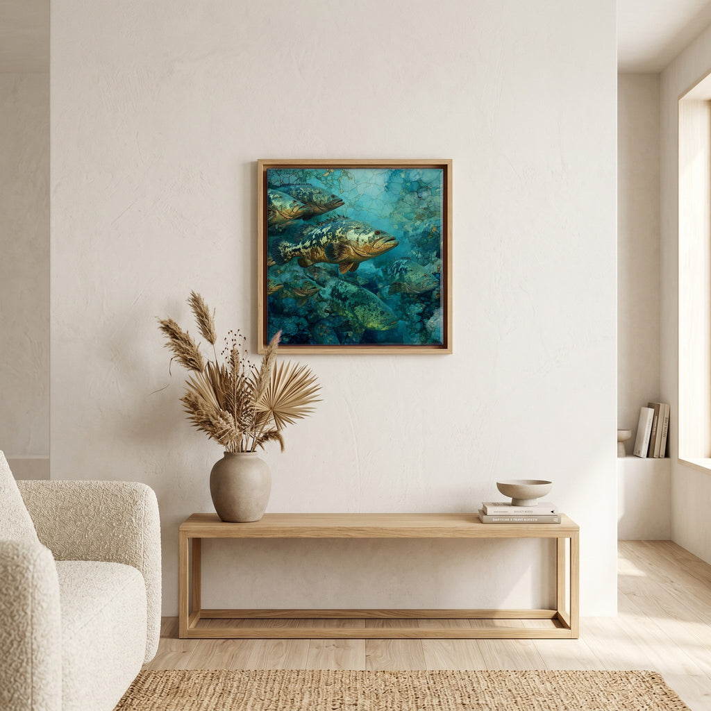 In the living room, above the sofa.