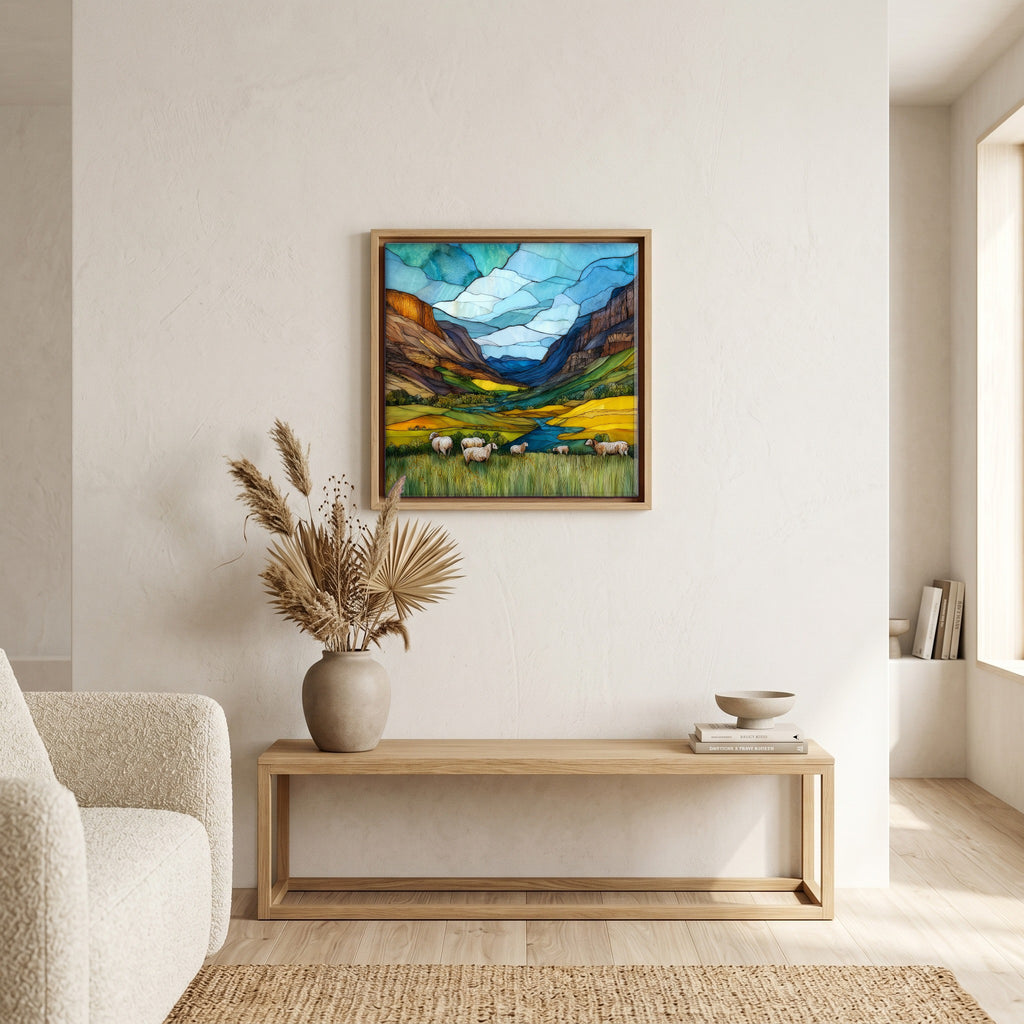 In the living room, above the sofa.