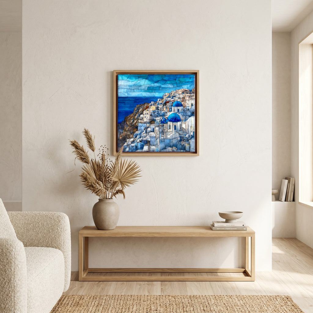 In the living room, above the sofa.