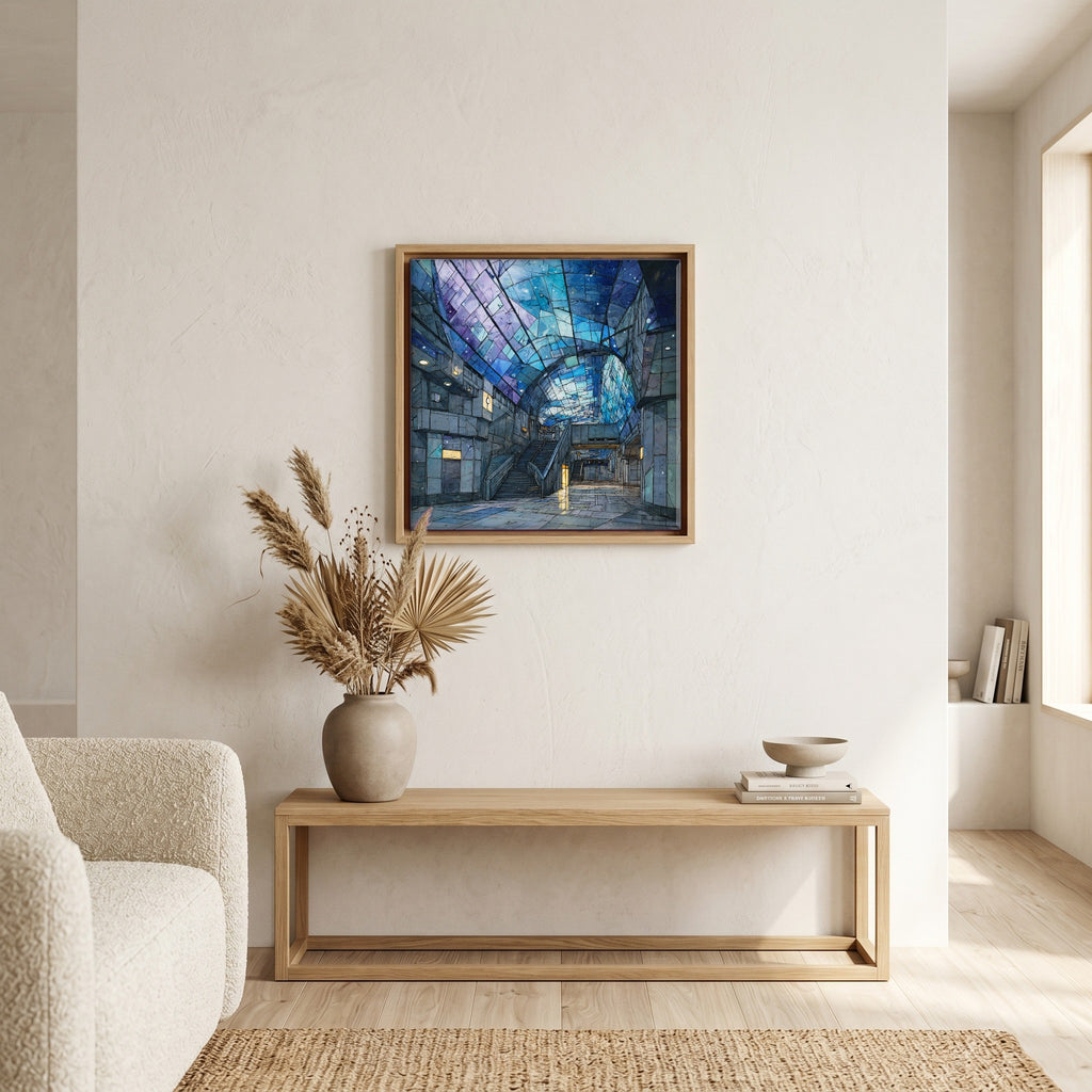 In the living room, above the sofa.