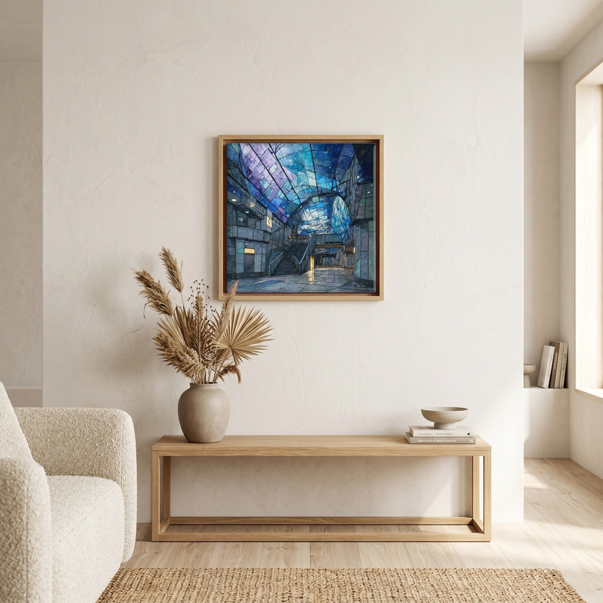 In the living room, above the sofa.