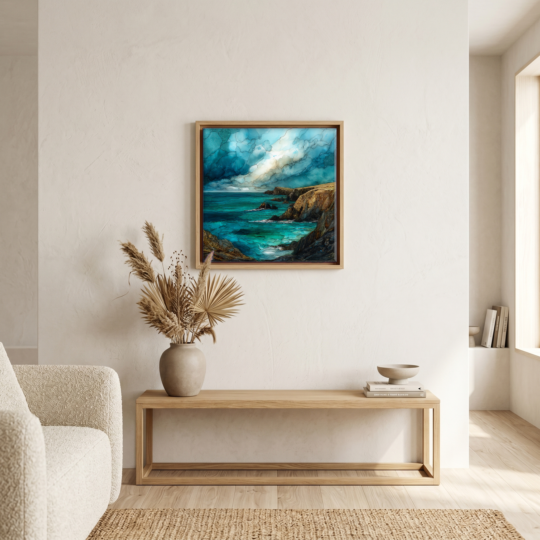 Above the bench, in a warm oak surround.