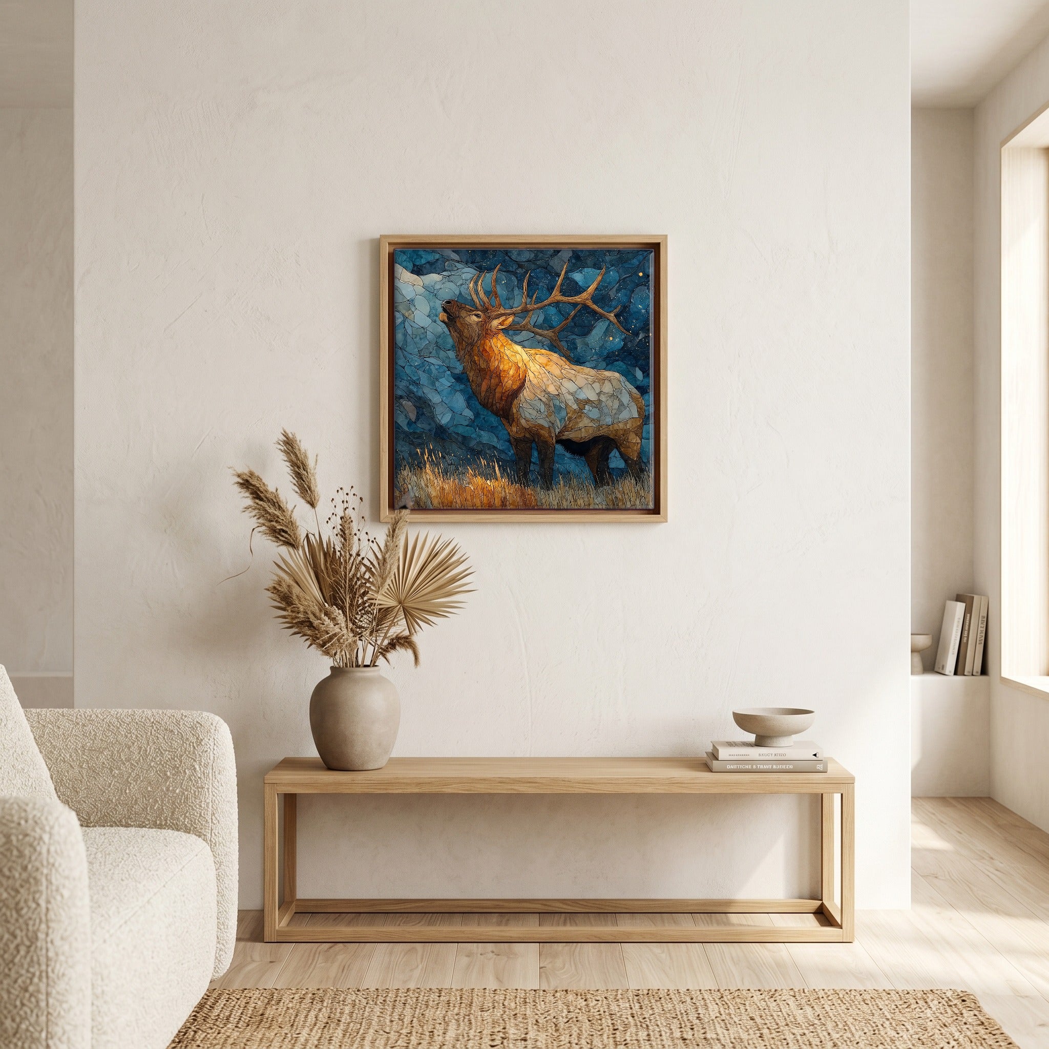 In the living room, above the sofa.
