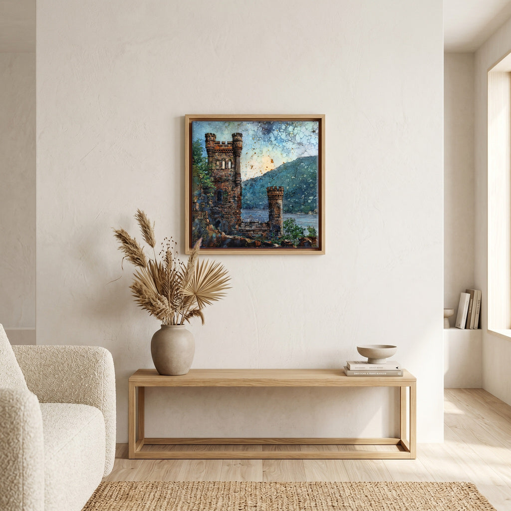 In the living room, above the sofa.
