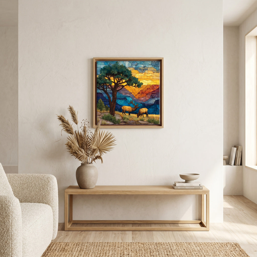 In the living room, above the sofa.