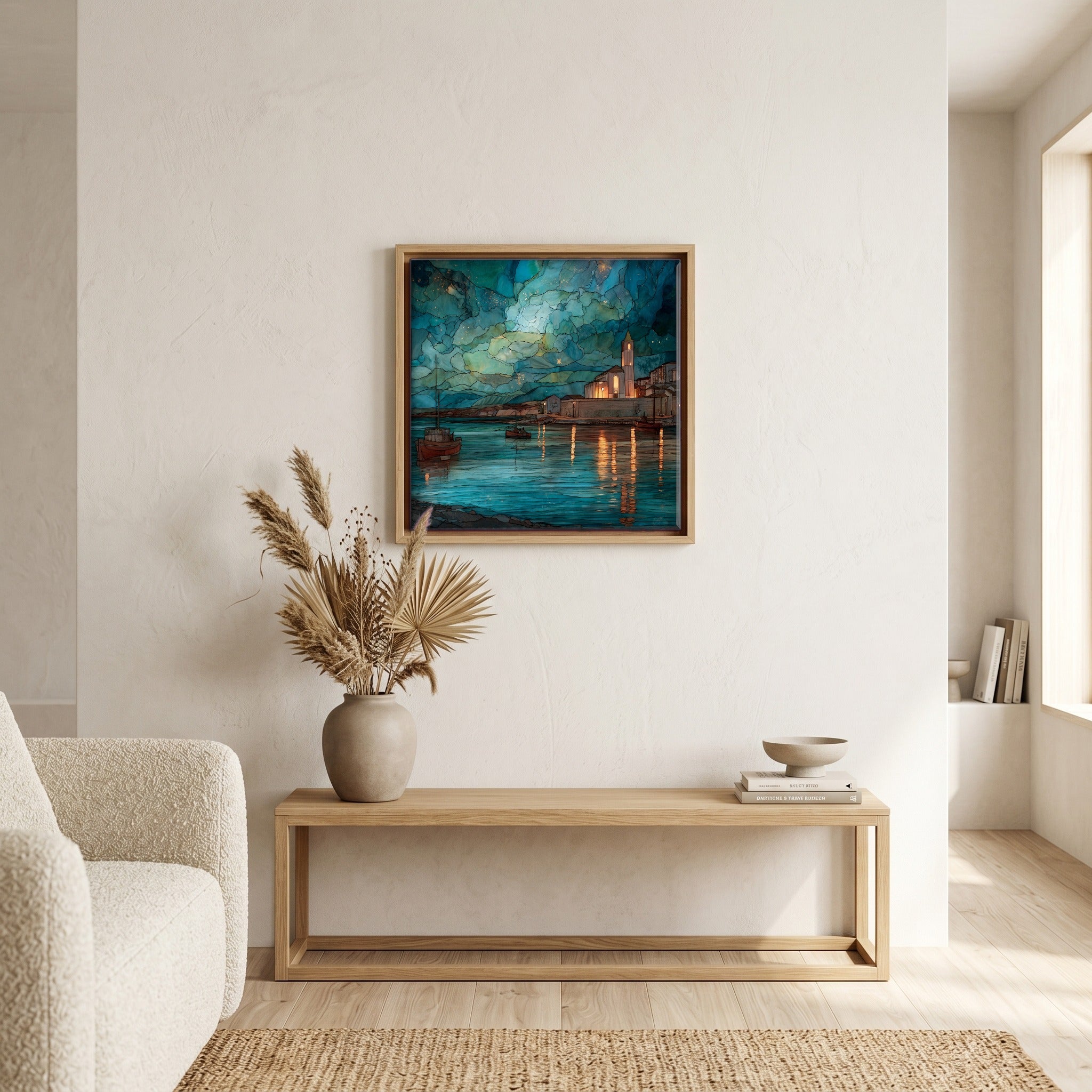 In the living room, above the sofa.