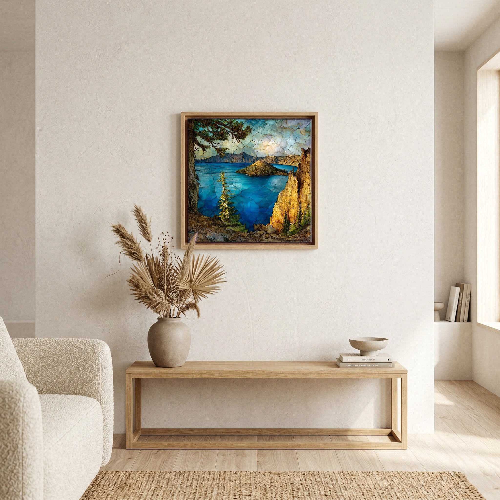 In the living room, above the sofa.