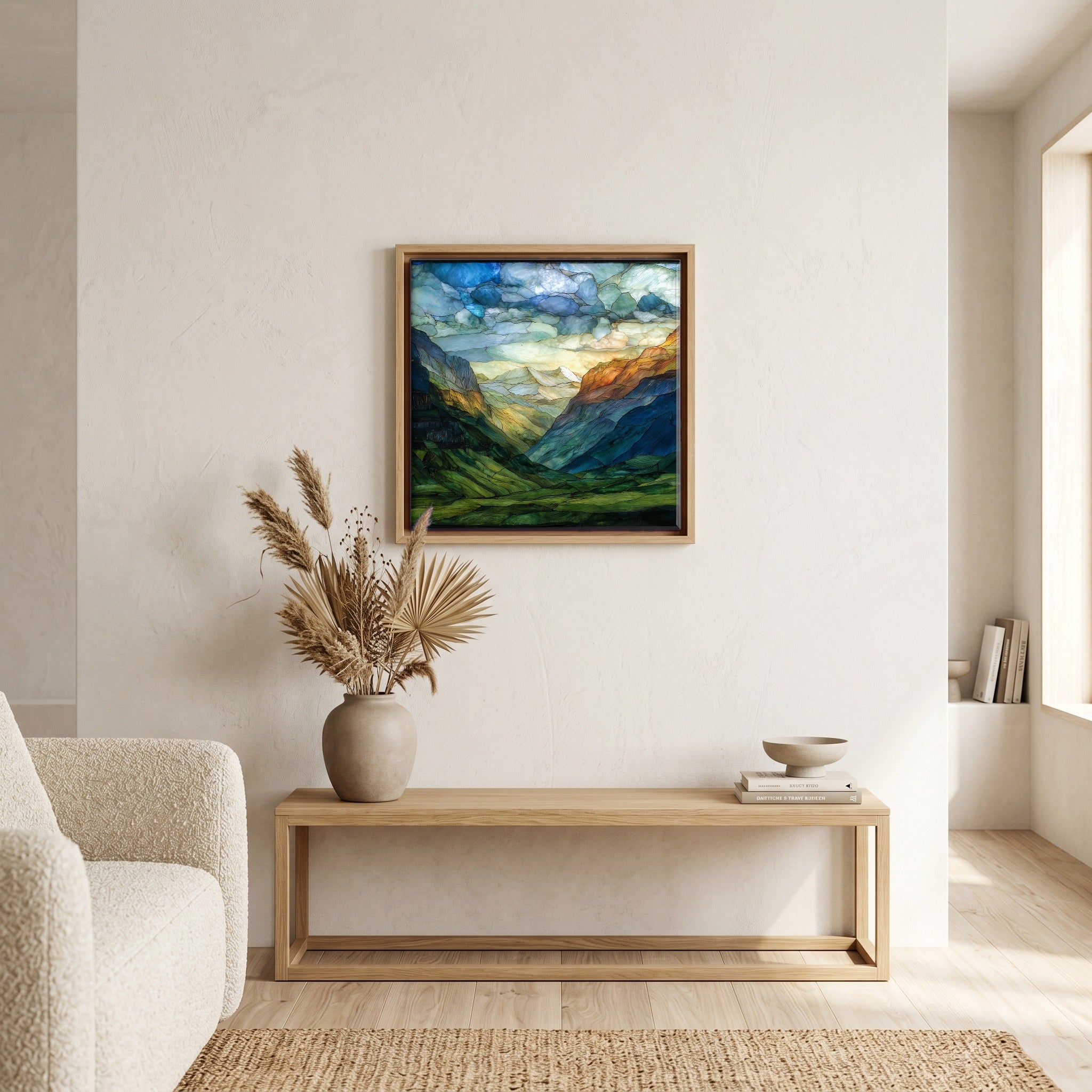 Above the bench, in a warm oak surround.