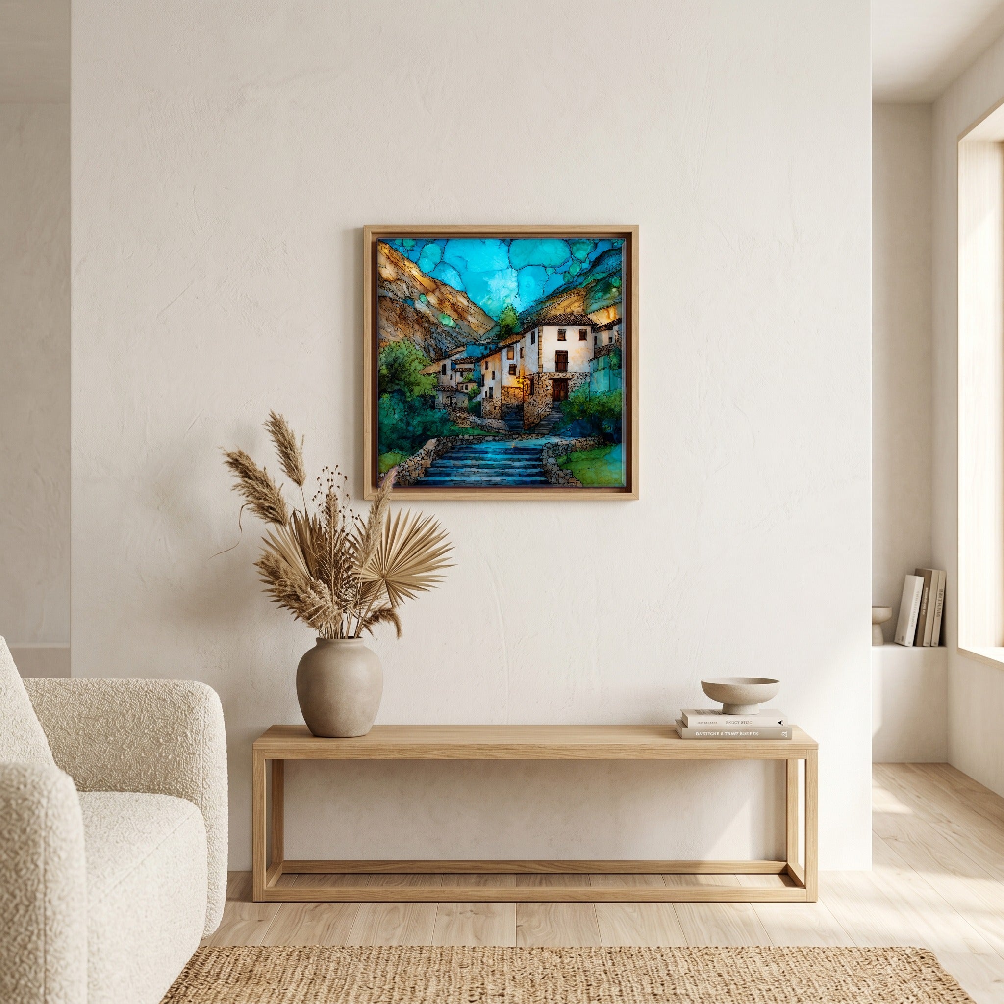 In the living room, above the sofa.