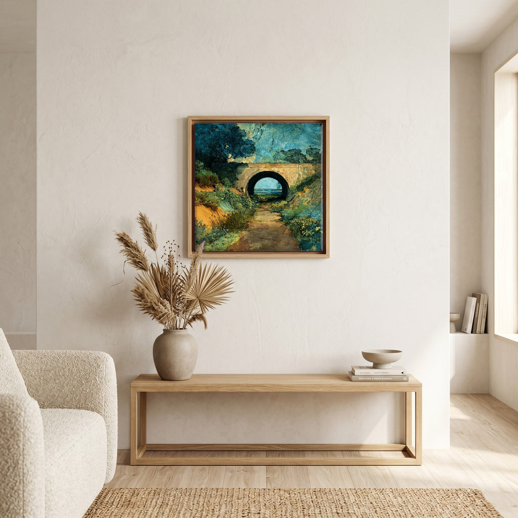 In the living room, above the sofa.