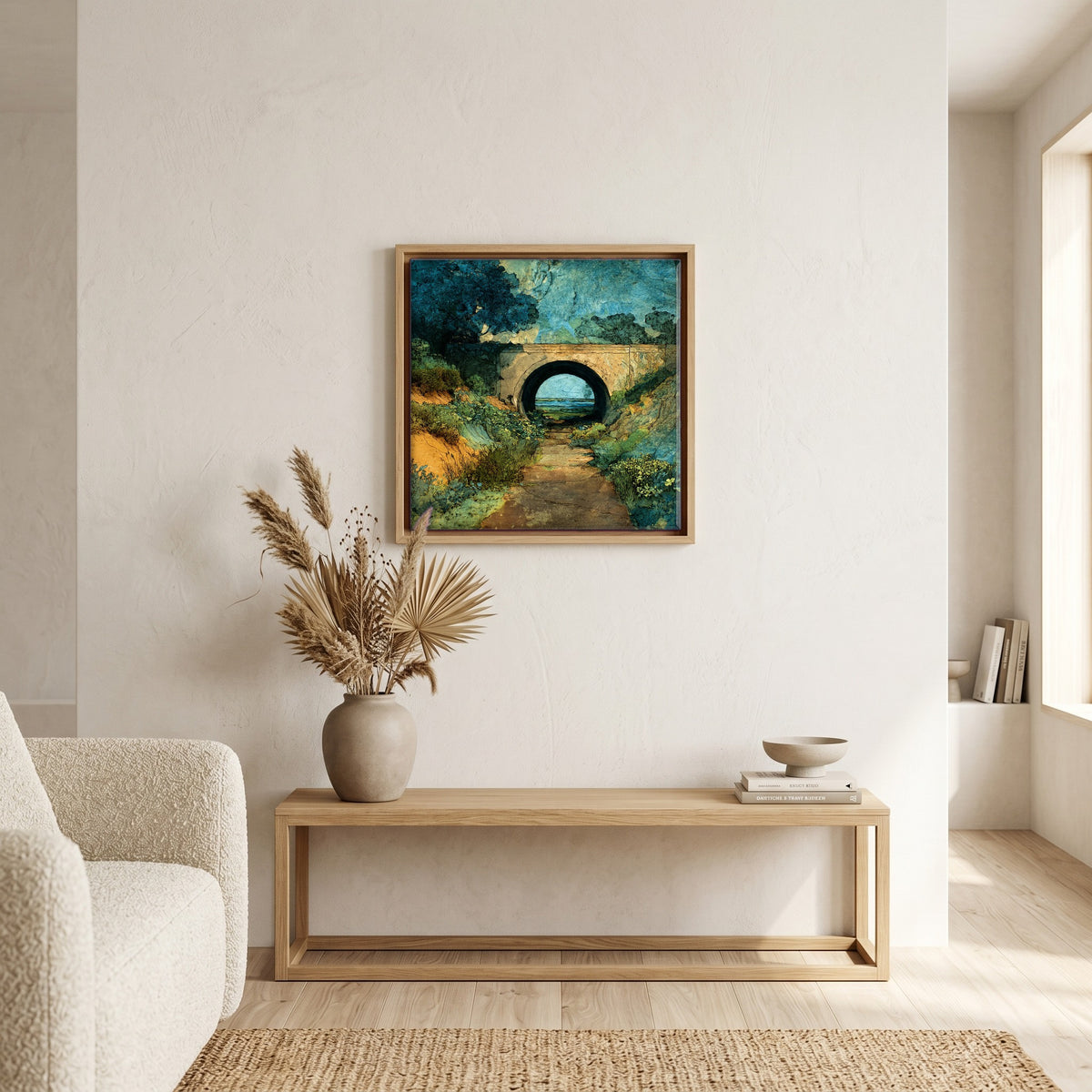 In the living room, above the sofa.