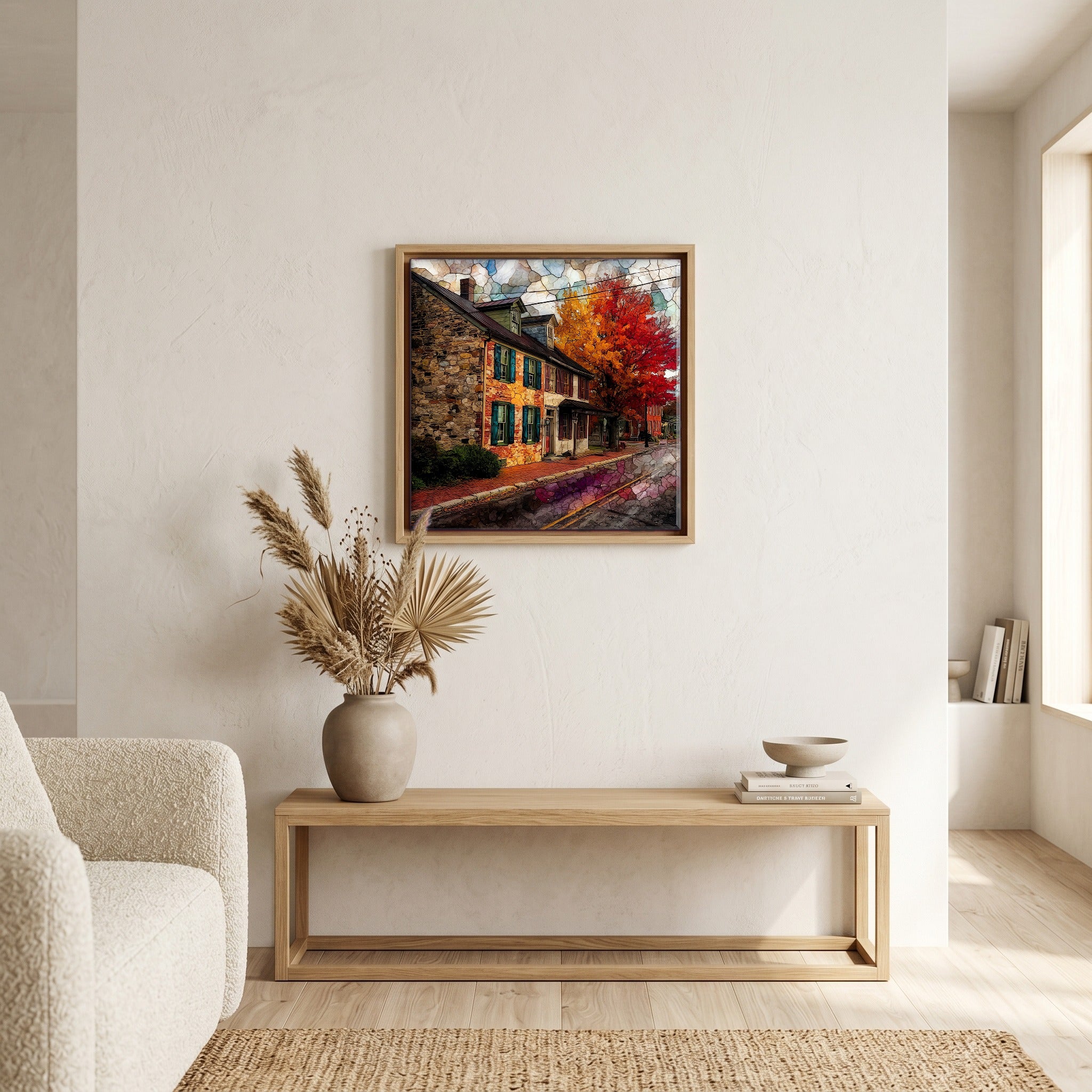 In the living room, above the sofa.