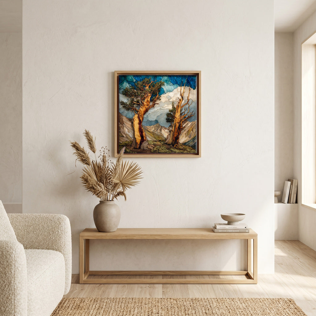 In the living room, above the sofa.