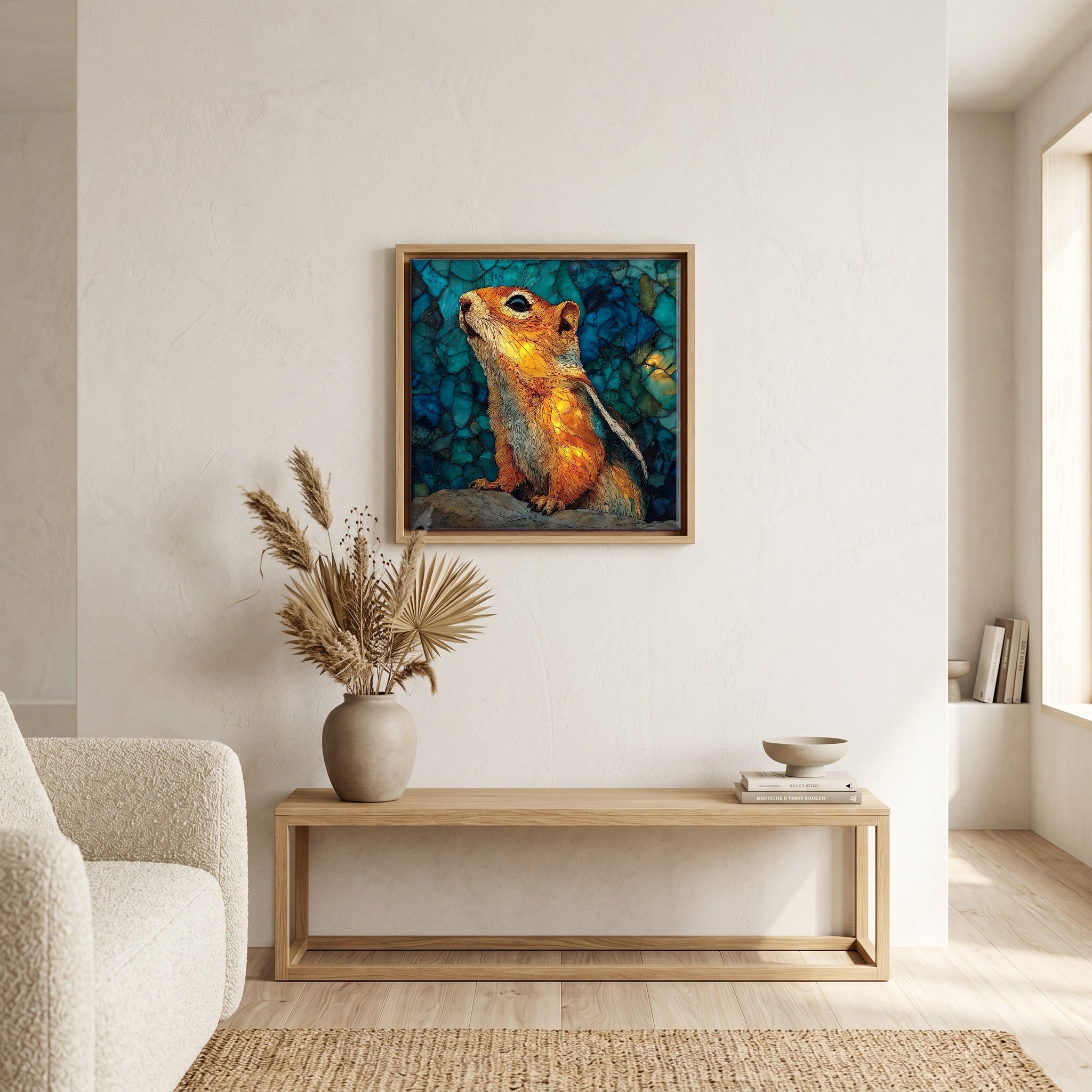 In the living room, above the sofa.