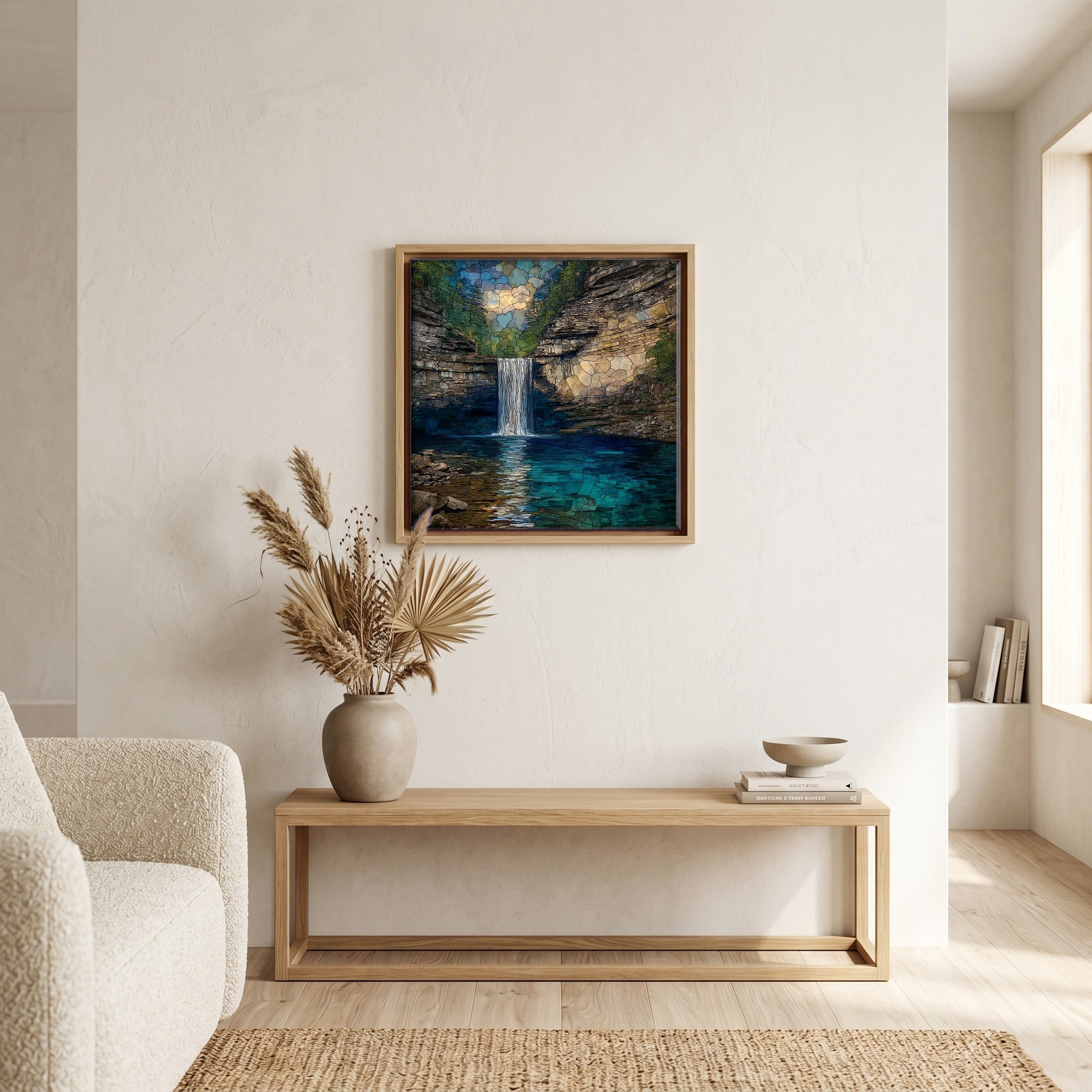 In the living room, above the sofa.