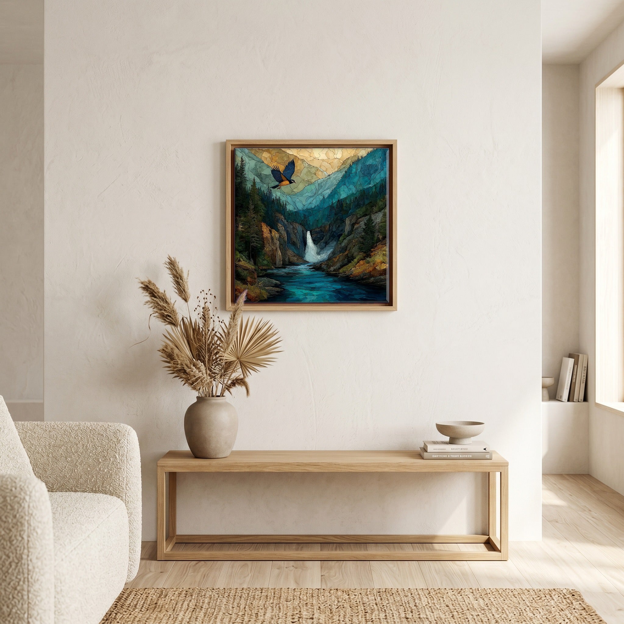 In the living room, above the sofa.