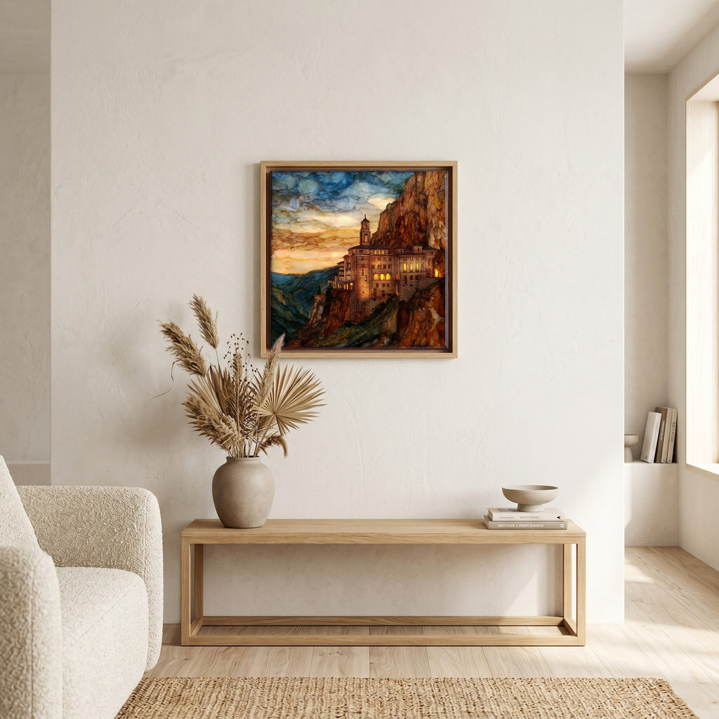 Above the bench, in a warm oak surround.