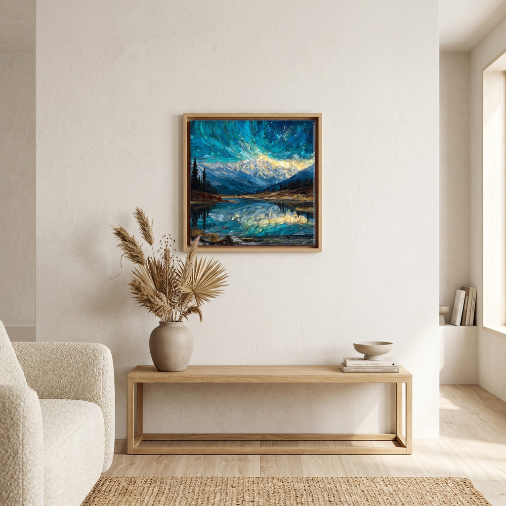 In the living room, above the sofa.