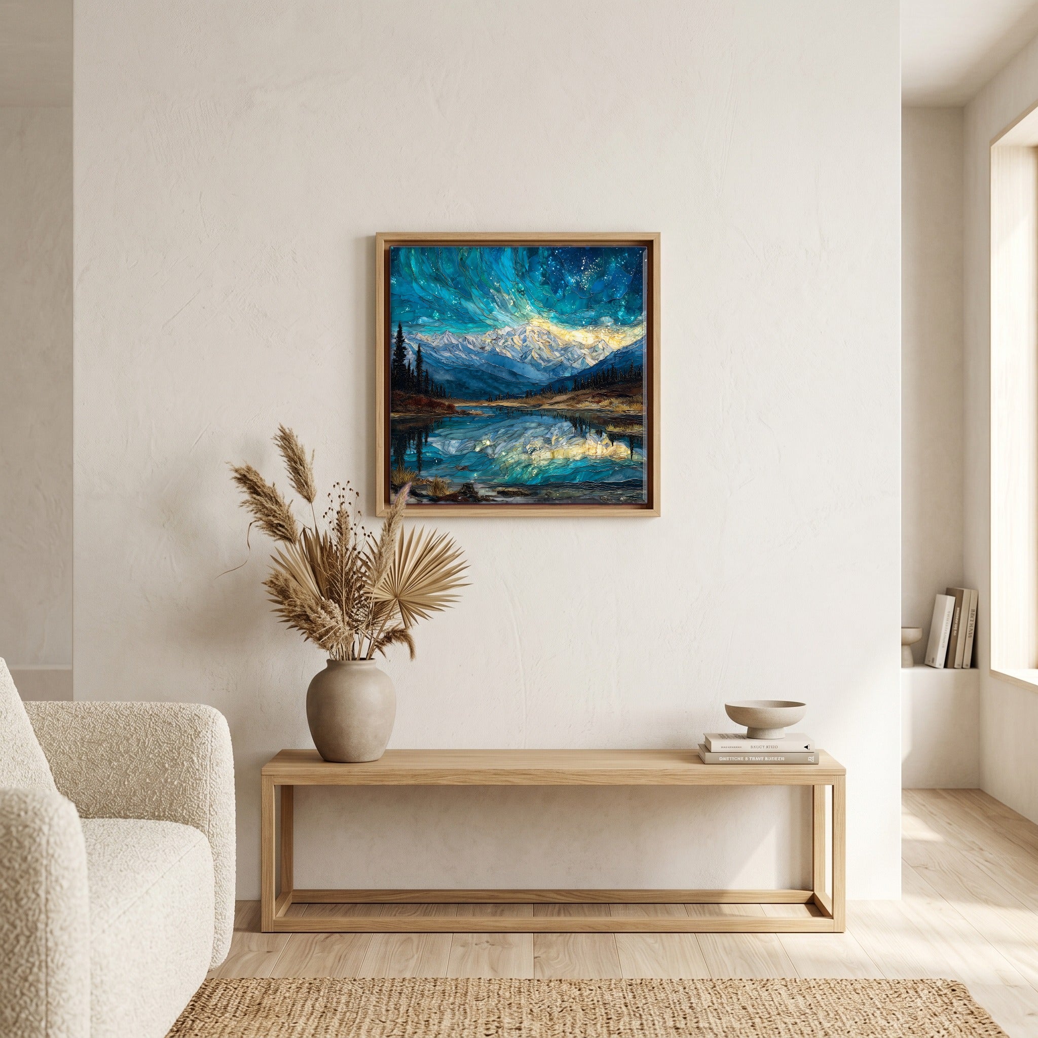 In the living room, above the sofa.