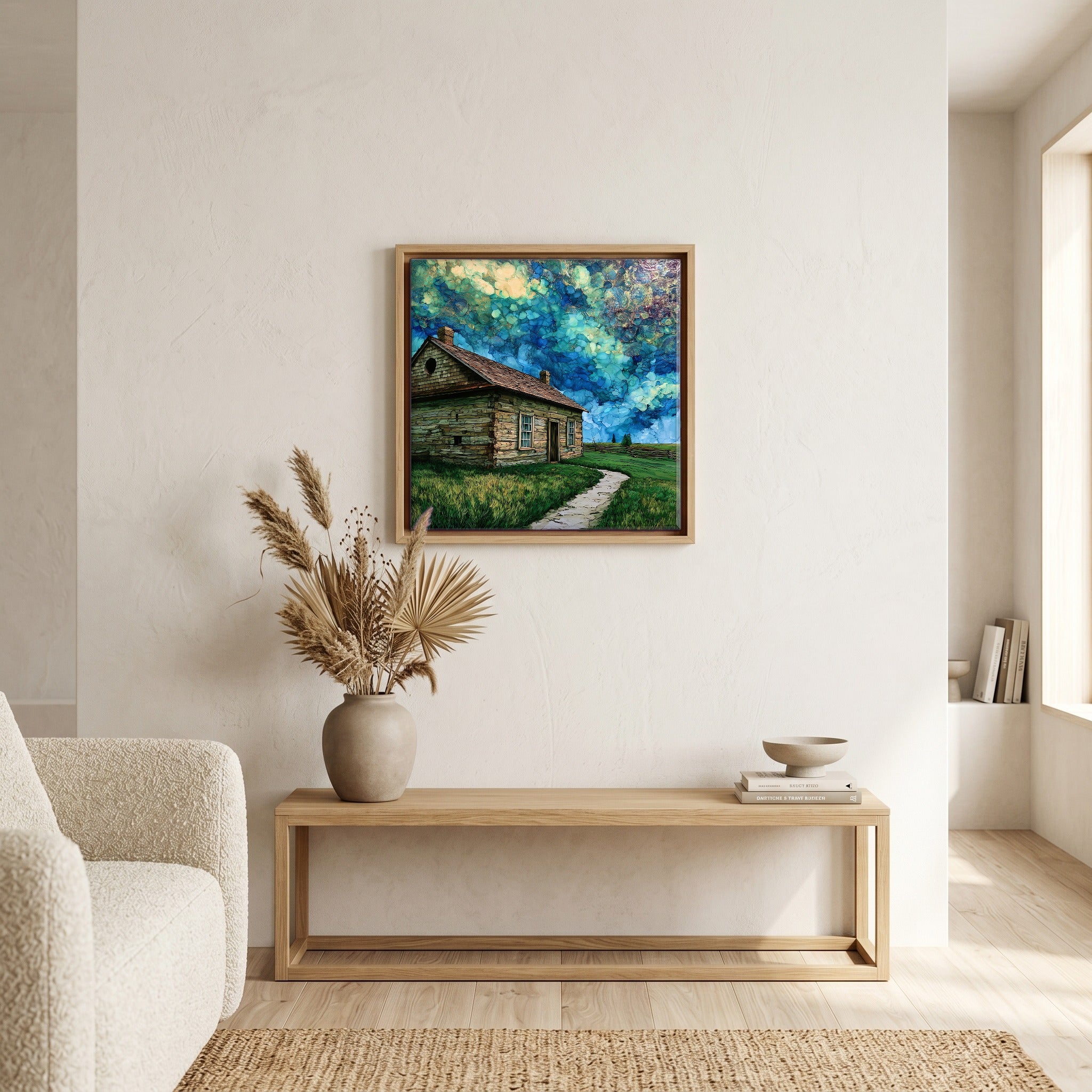 In the living room, above the sofa.