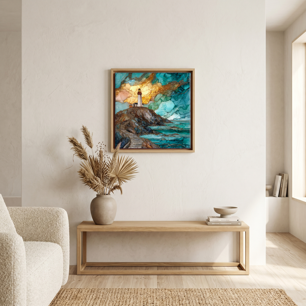 Above the bench, in a warm oak surround.