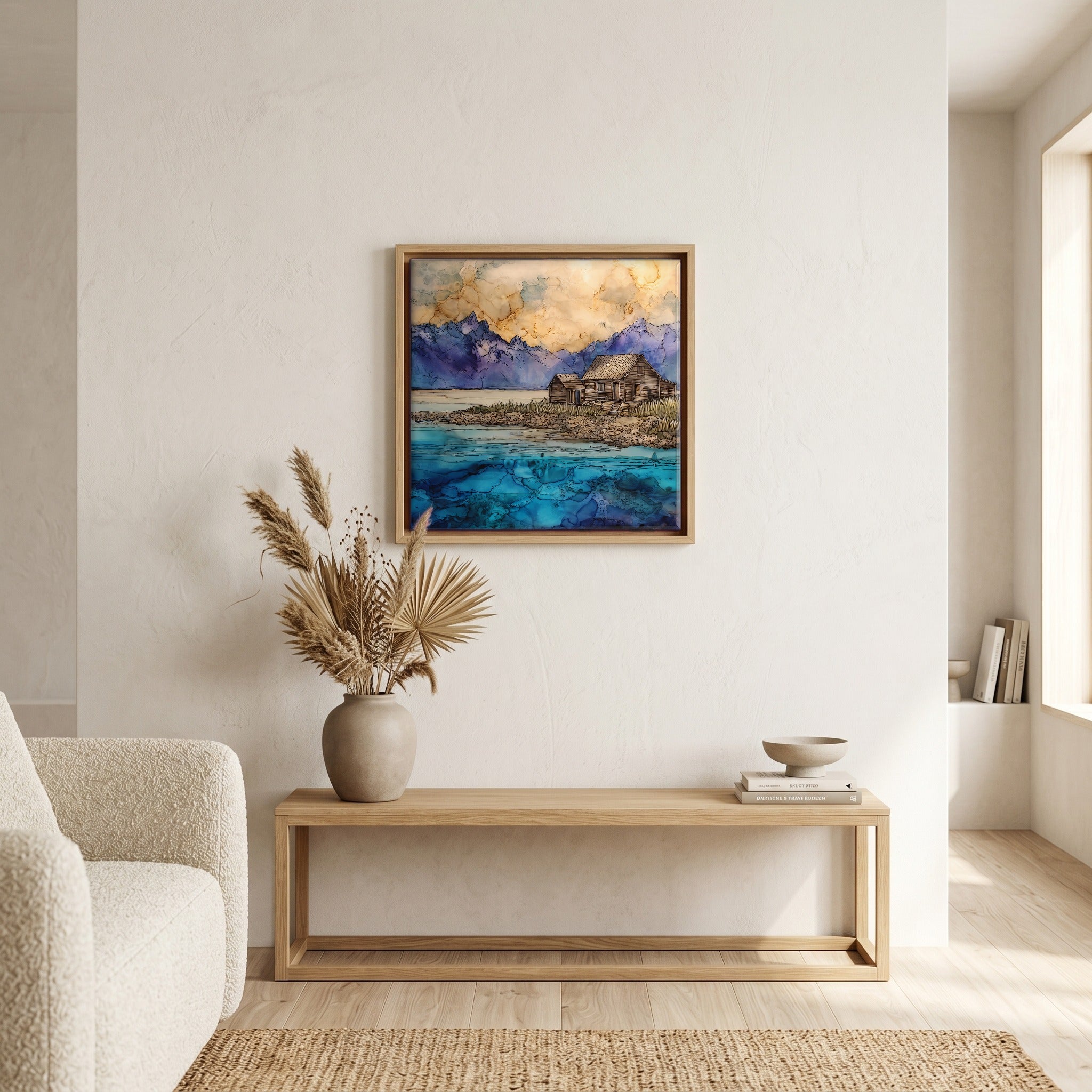 In the living room, above the sofa.