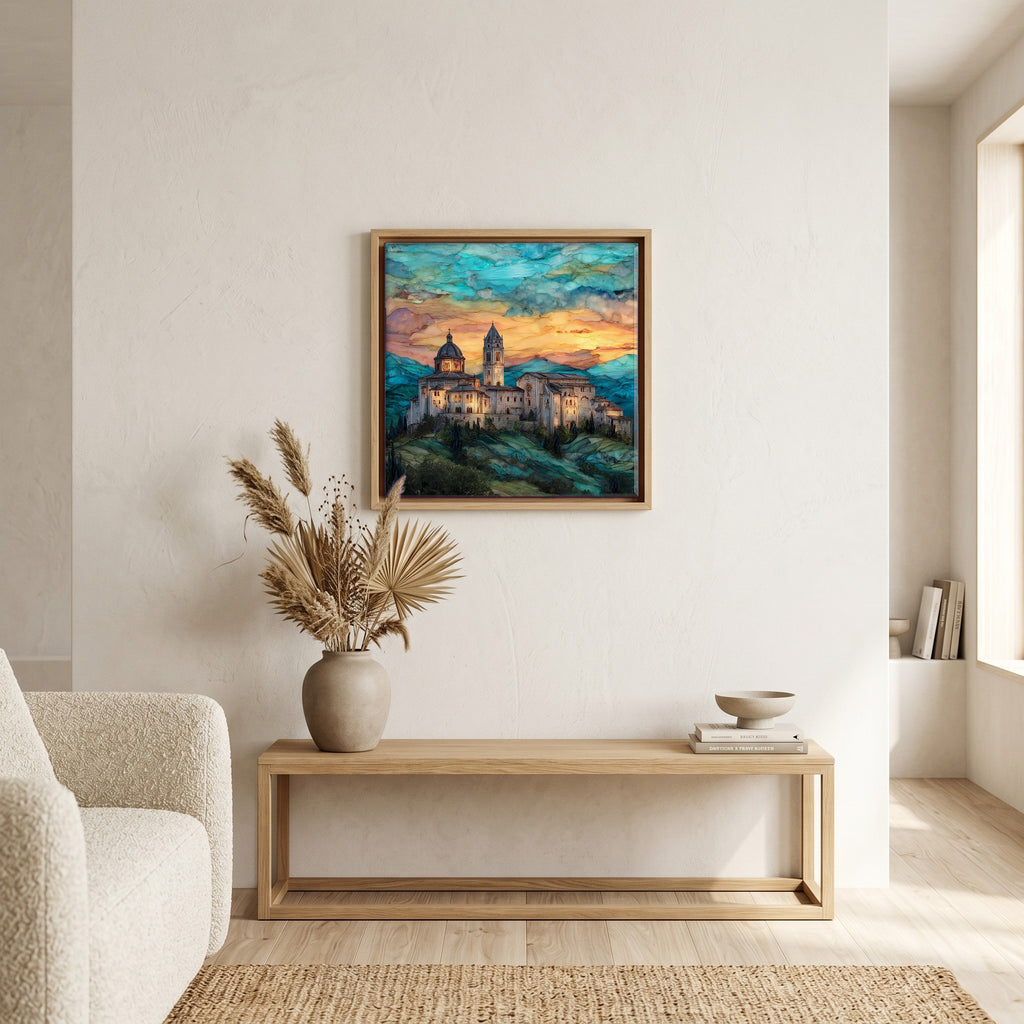 Above the bench, in a warm oak surround.