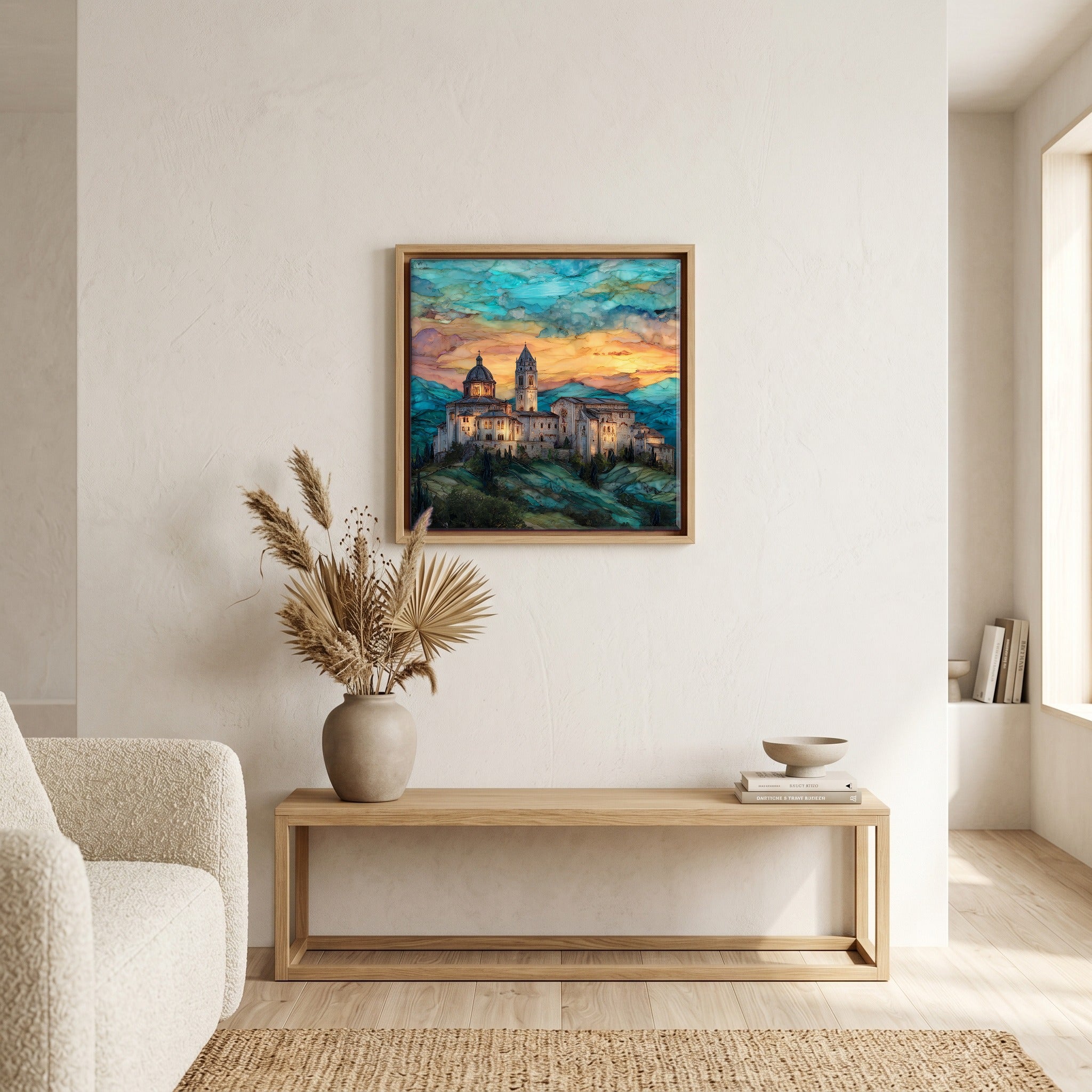 Above the bench, in a warm oak surround.