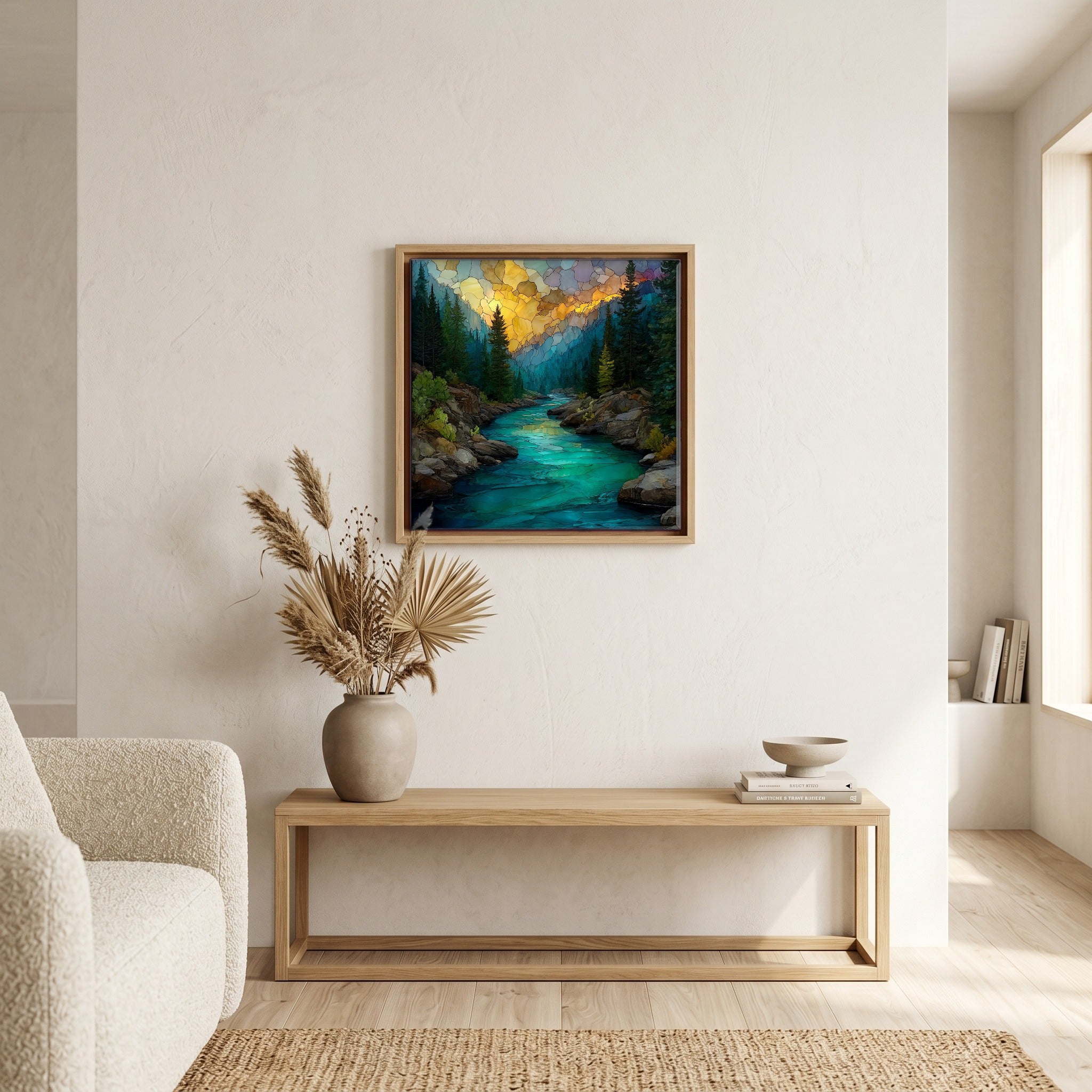 In the living room, above the sofa.
