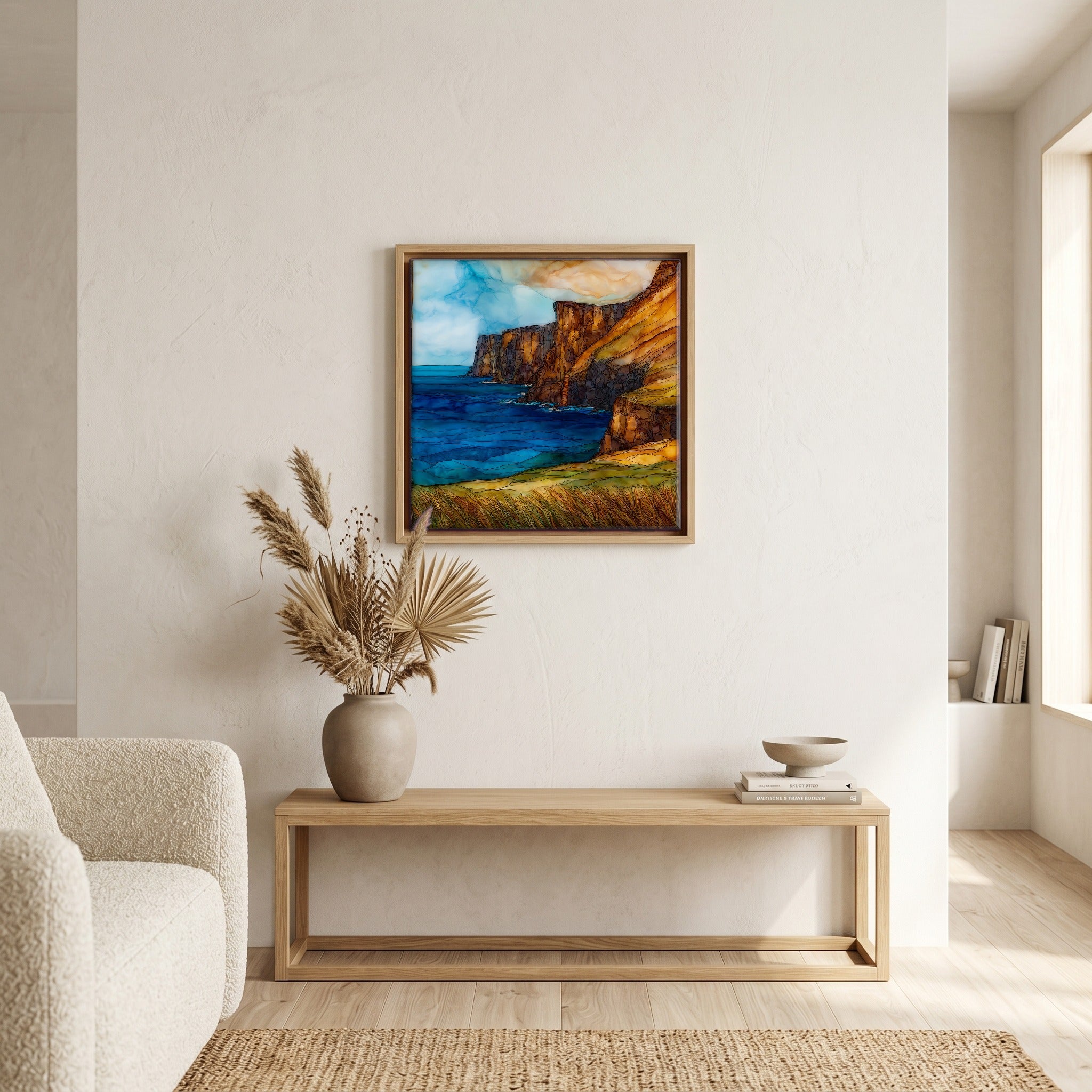 Above the bench, in a warm oak surround.