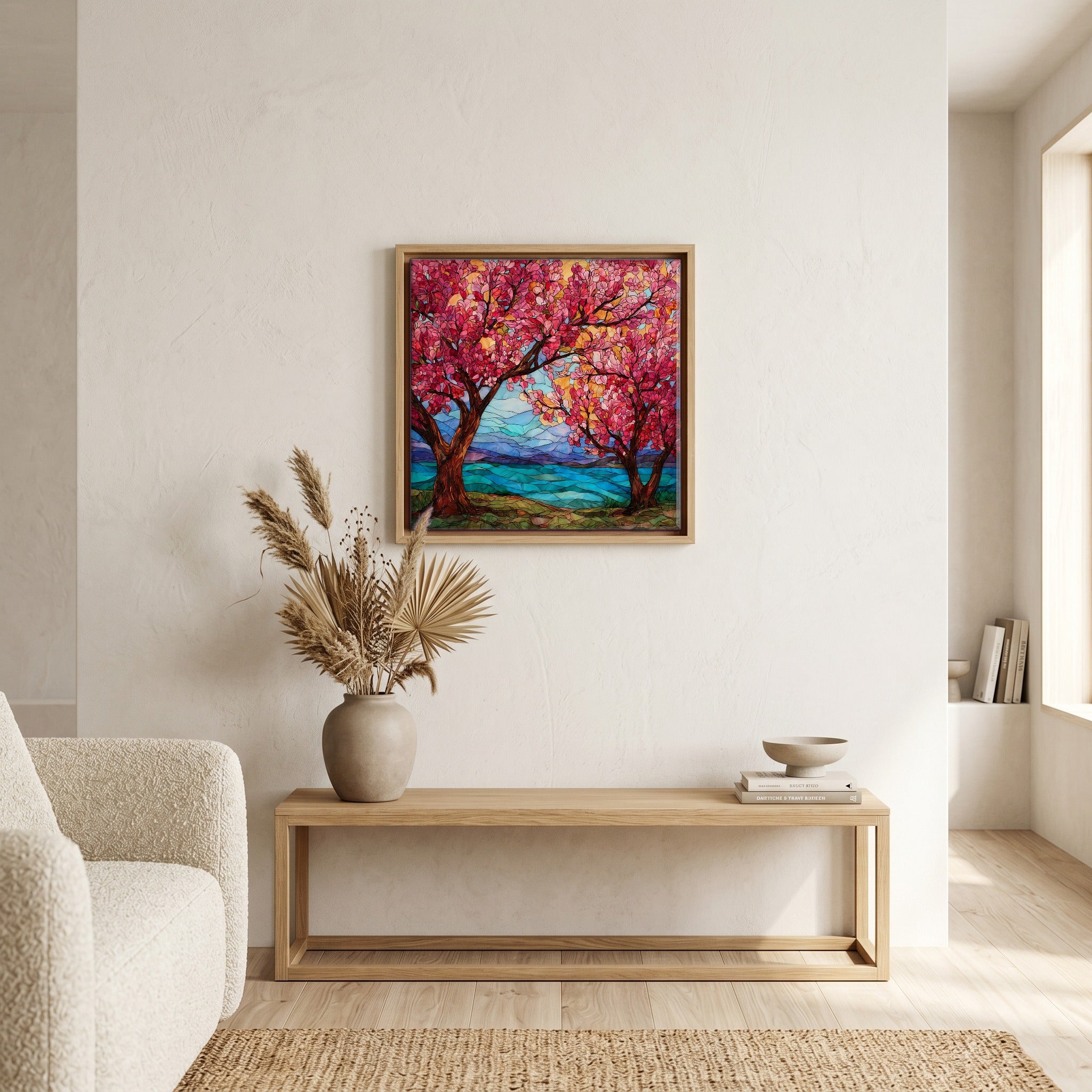 In the living room, above the sofa.