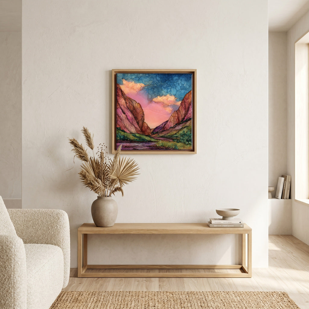 In the living room, above the sofa.