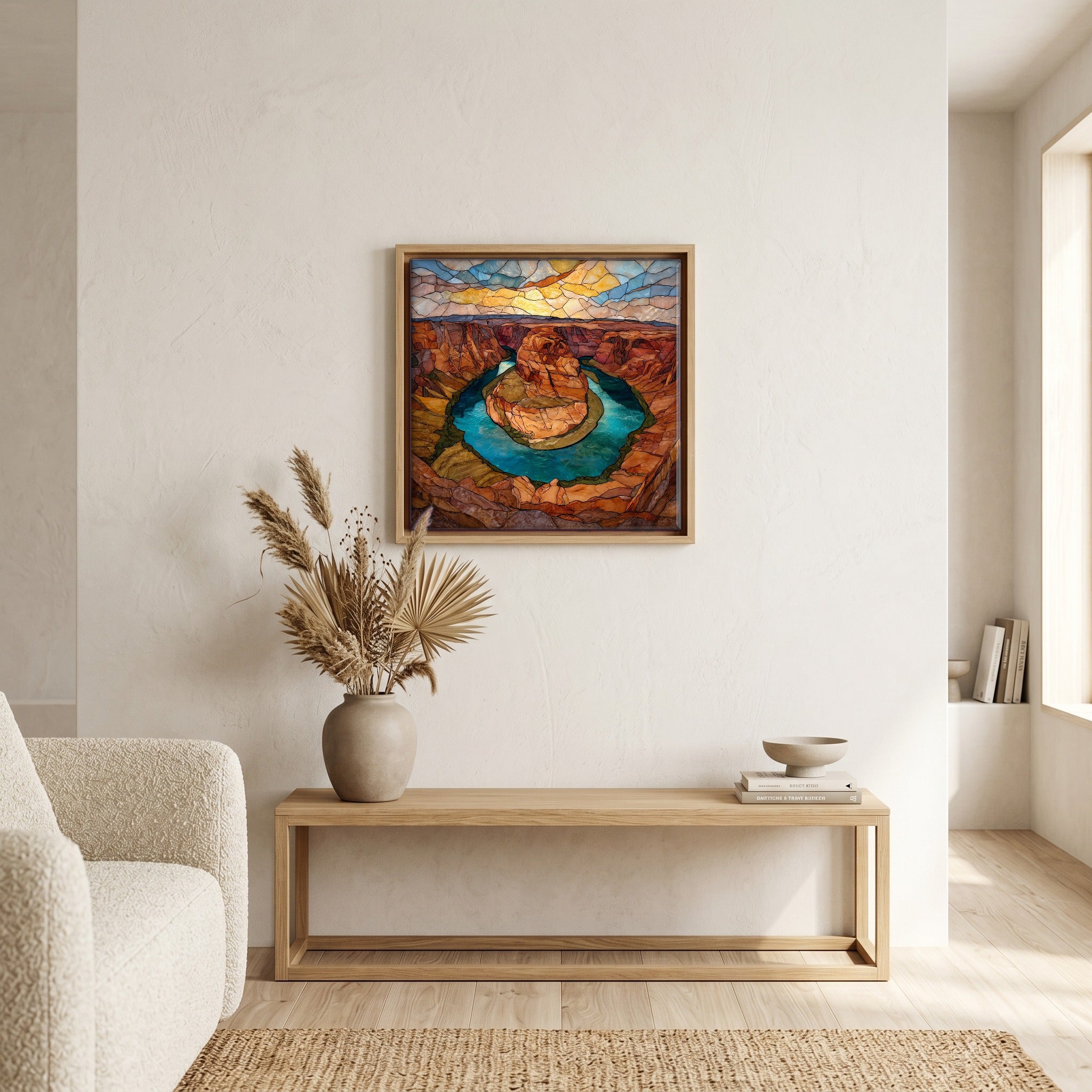 In the living room, above the sofa.