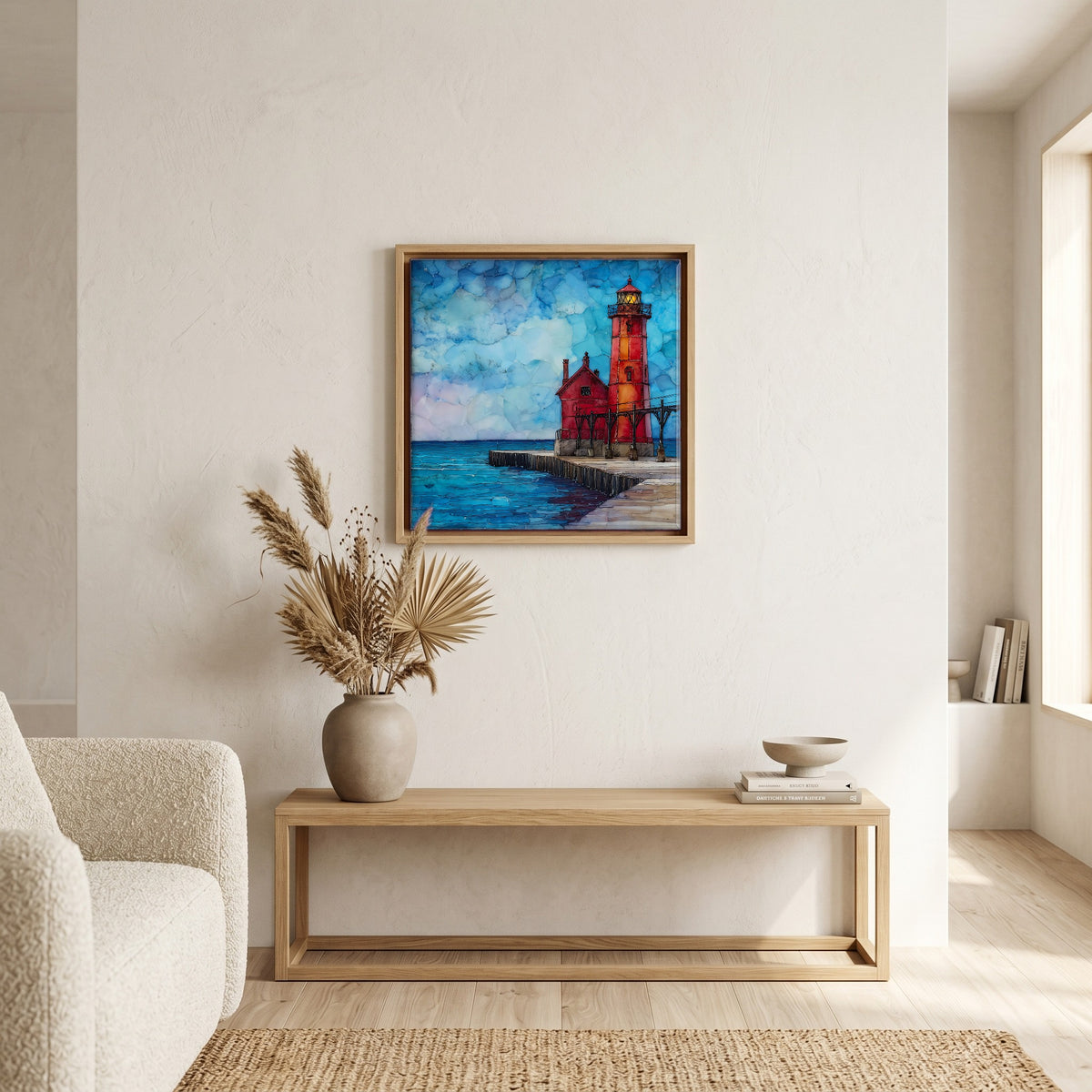In the living room, above the sofa.