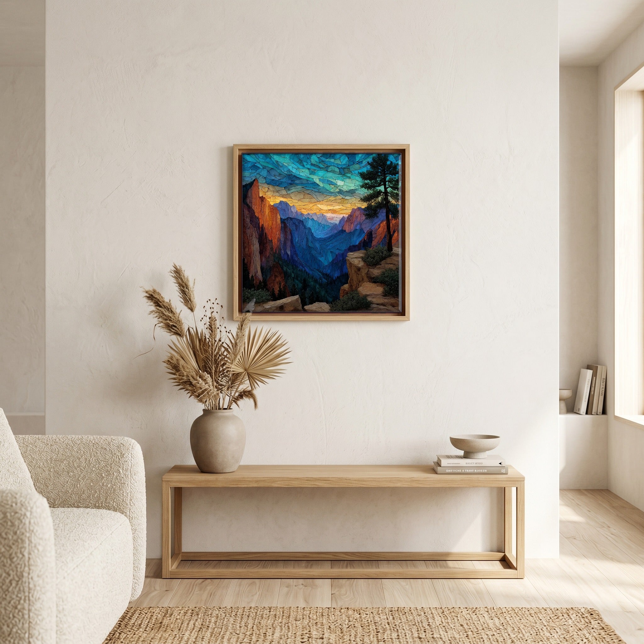 In the living room, above the sofa.