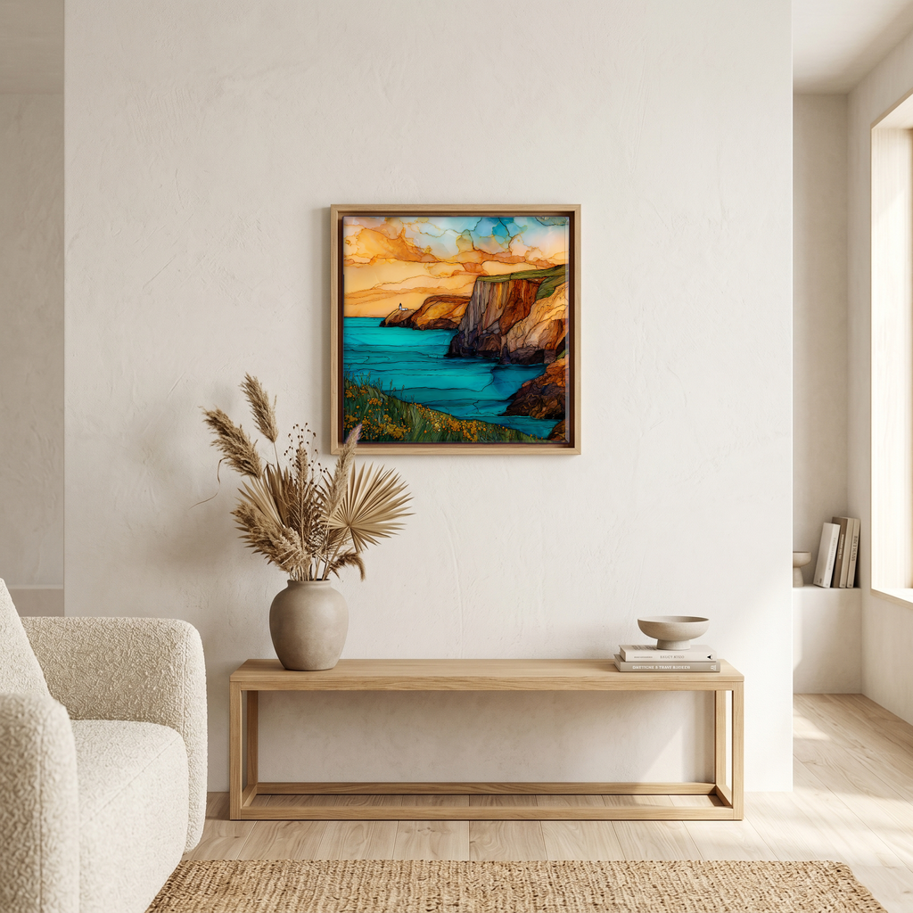 Above the bench, in a warm oak surround.