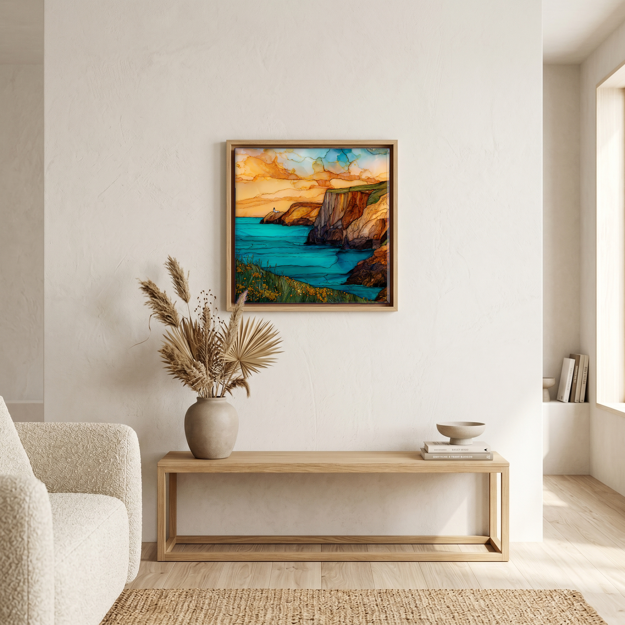 Above the bench, in a warm oak surround.