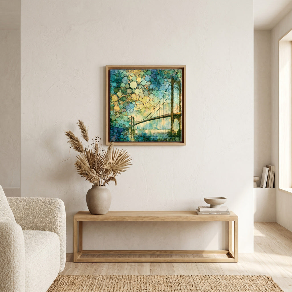 In the living room, above the sofa.