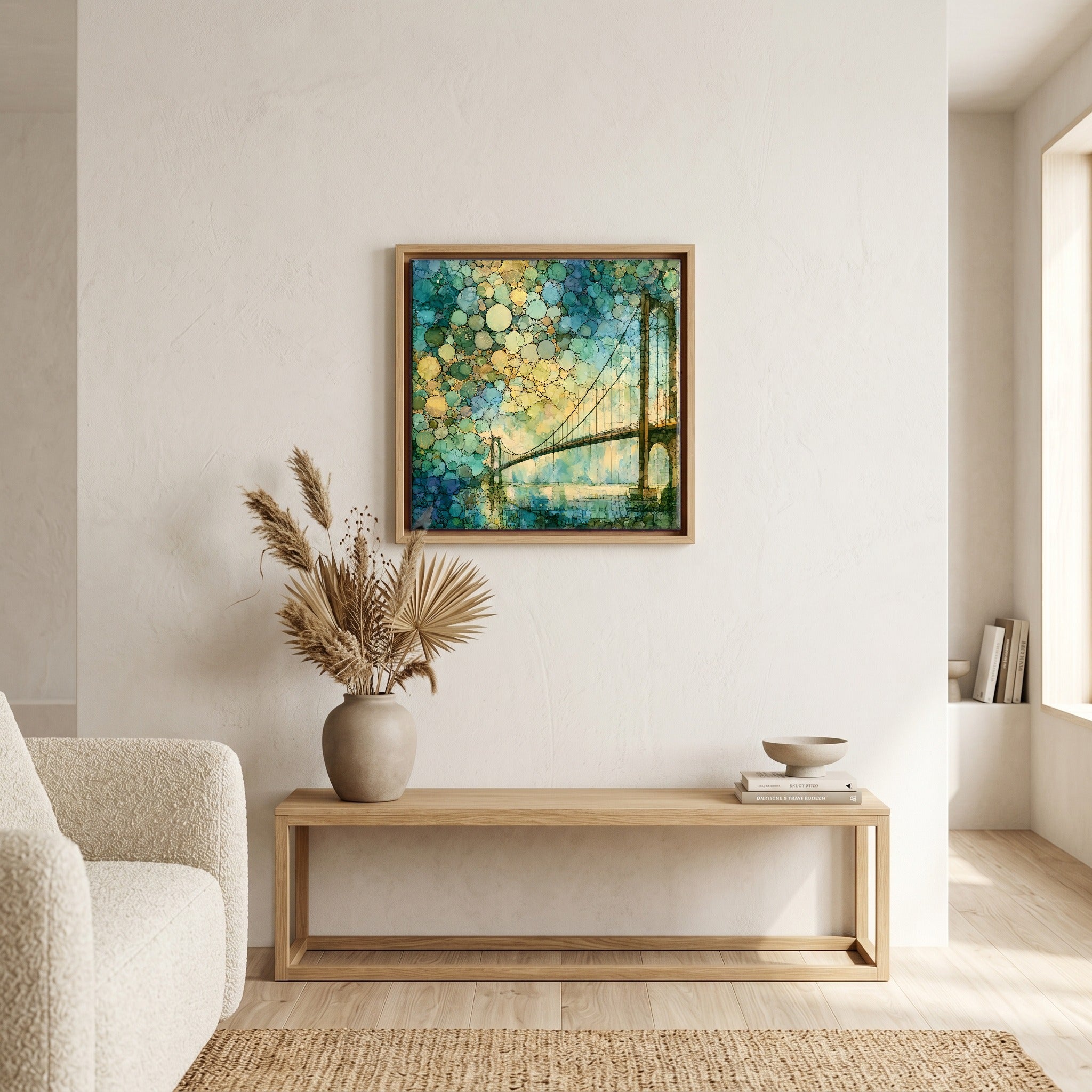 In the living room, above the sofa.