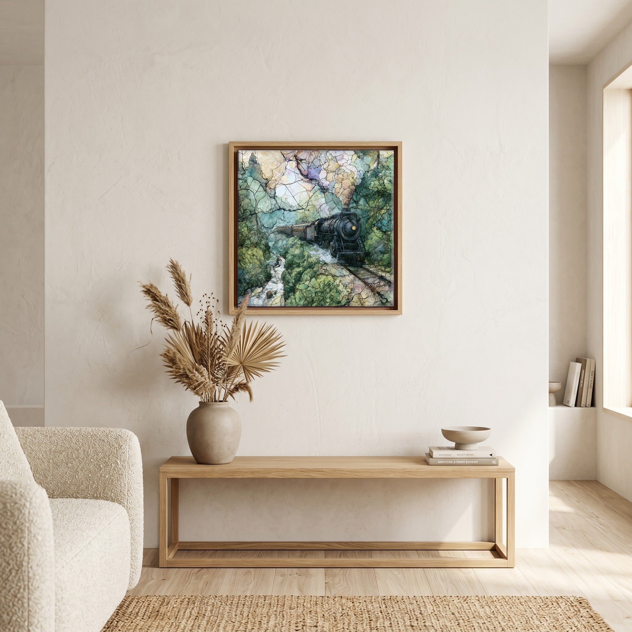In the living room, above the sofa.