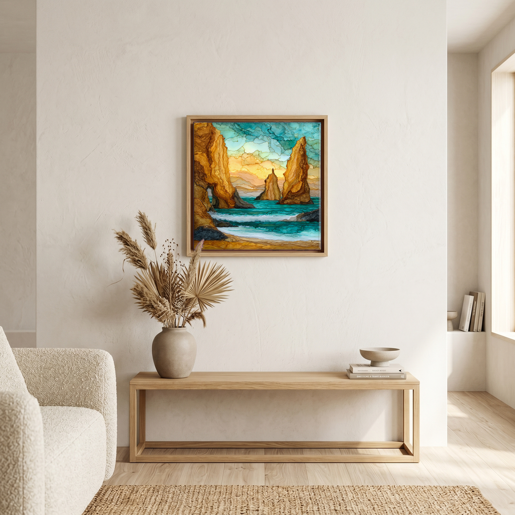 Above the bench, in a warm oak surround.