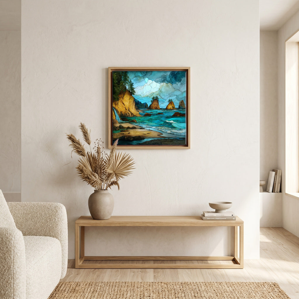 In the living room, above the sofa.