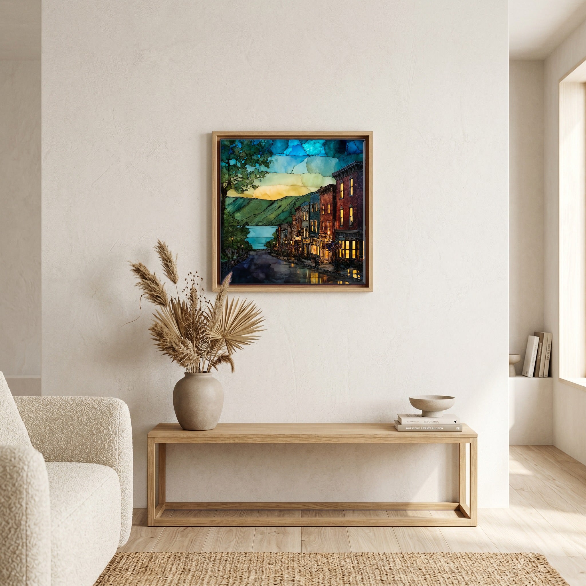 In the living room, above the sofa.