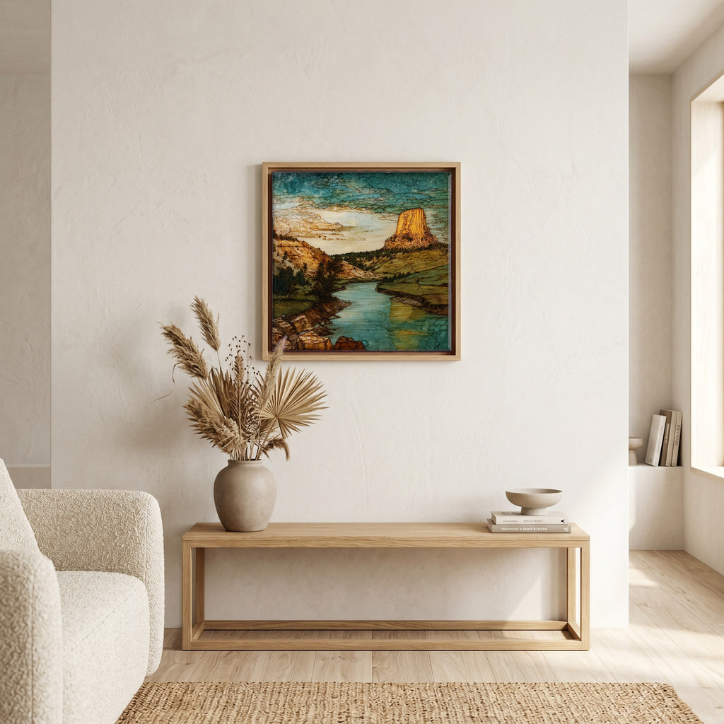 In the living room, above the sofa.